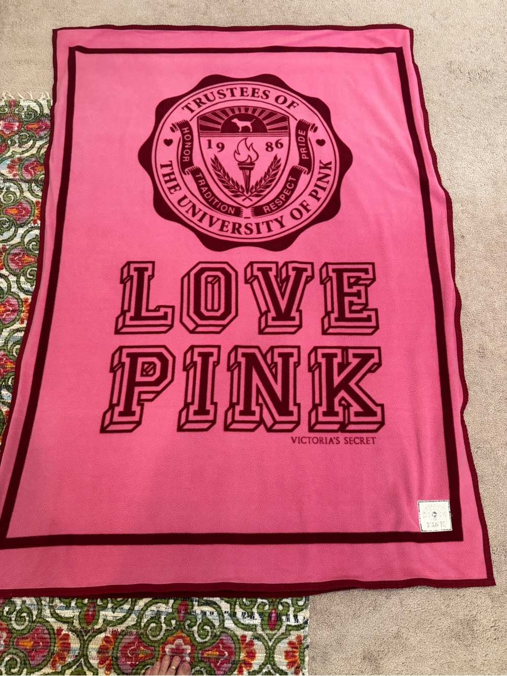 PINK Victoria's Secret Pink and Burgundy 'LOVE PINK' Logo Throw Blanket